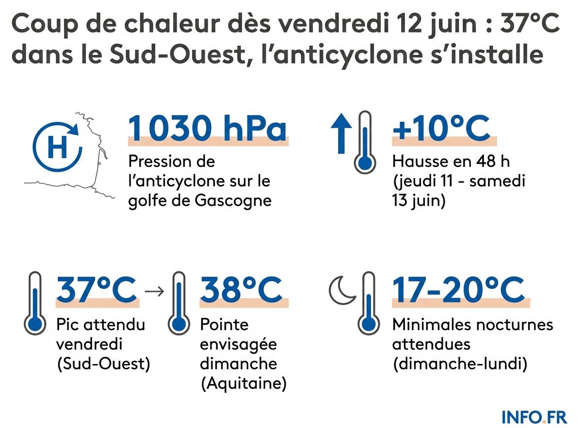 Évolution des températures maximales en France entre le 11 et le 14 juin 2026 et seuils sanitaires.