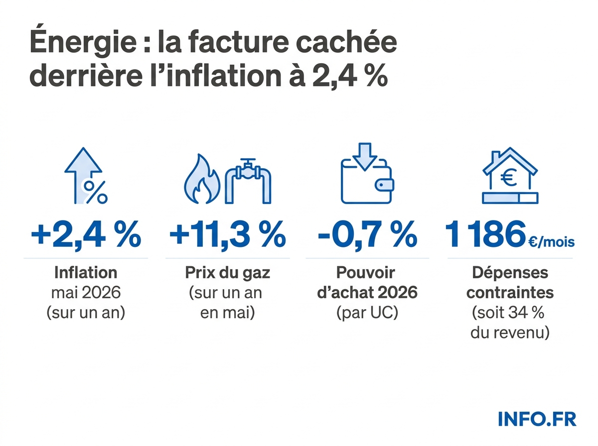 Évolution de l'inflation, du prix du gaz et du pouvoir d'achat en France en mai-juin 2026, sources Insee, CRE et OFCE.