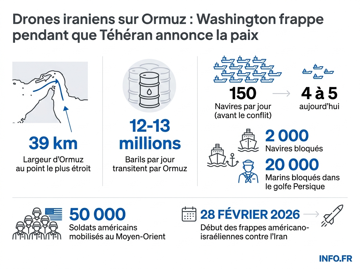Infographie des chiffres clés du détroit d'Ormuz et du conflit américano-iranien, juin 2026.