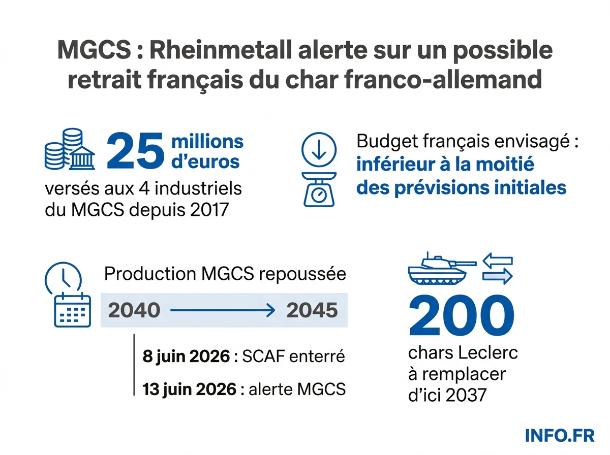 Chronologie et chiffres clés du programme MGCS franco-allemand et du contexte budgétaire de défense en juin 2026.
