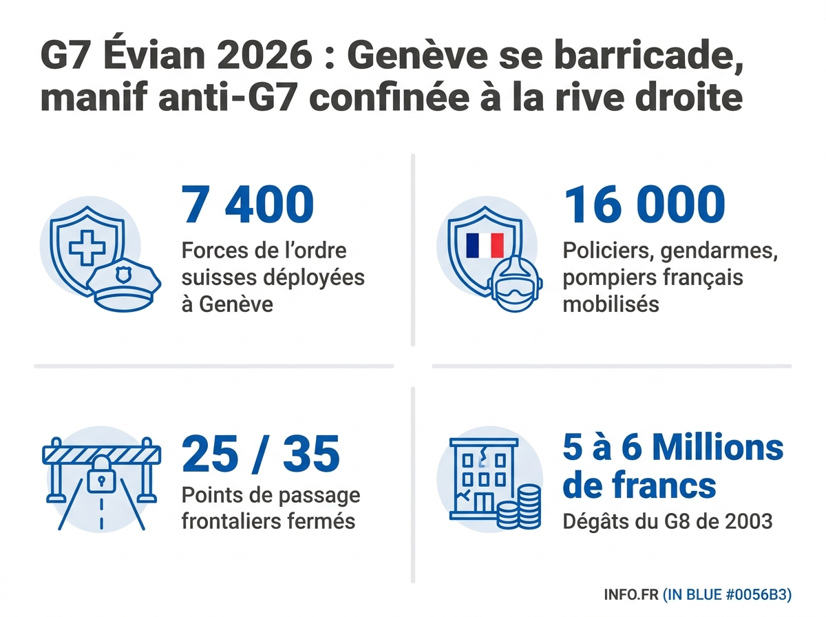 Infographie des chiffres clés du dispositif sécuritaire déployé à Genève pour le sommet du G7 d'Évian de juin 2026.