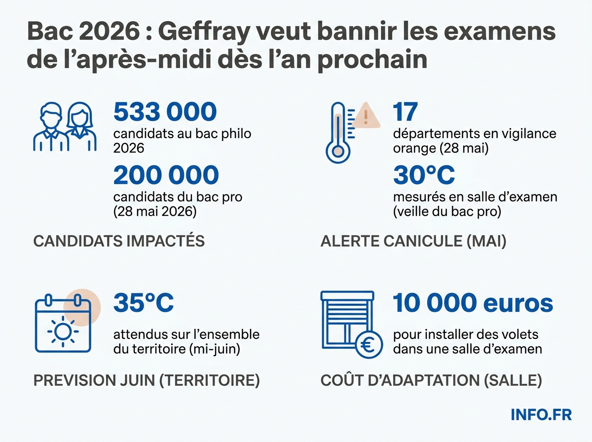 Les chiffres clés du bac 2026 sous canicule: candidats, températures et angle mort du bac professionnel.
