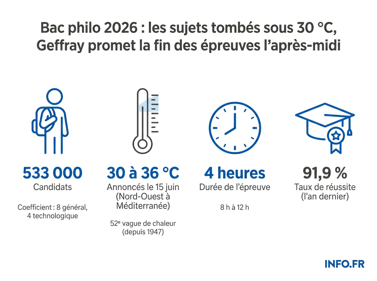 Données clés du bac philo 2026: nombre de candidats, sujets, coefficients, poids du contrôle continu et contexte caniculaire.