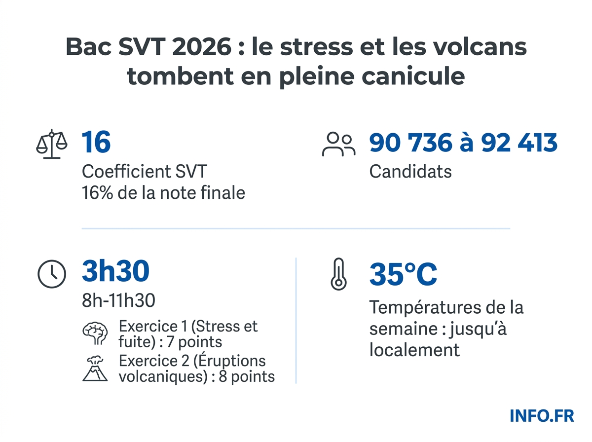 Chiffres-clés de l'épreuve de spécialité SVT du bac 2026, passée le 16 juin sous canicule.