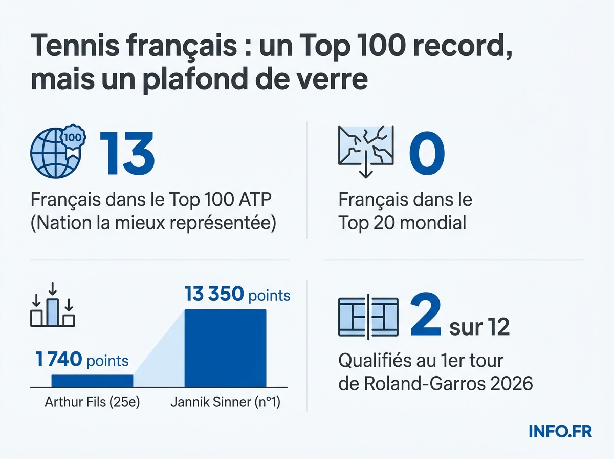 Comparaison du classement et des points ATP entre les meilleurs Français et le sommet mondial en 2026.