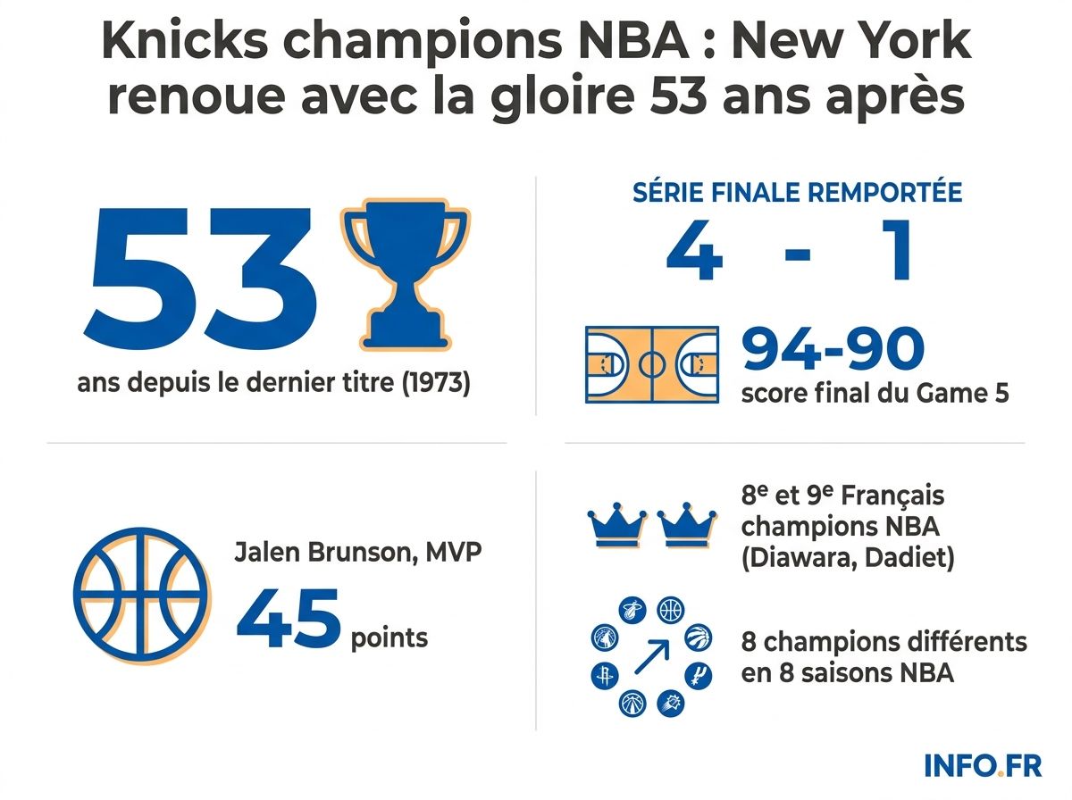 Infographie résumant le titre NBA des New York Knicks en 2026: score, performances clés de Brunson et Wembanyama, et joueurs français sacrés.