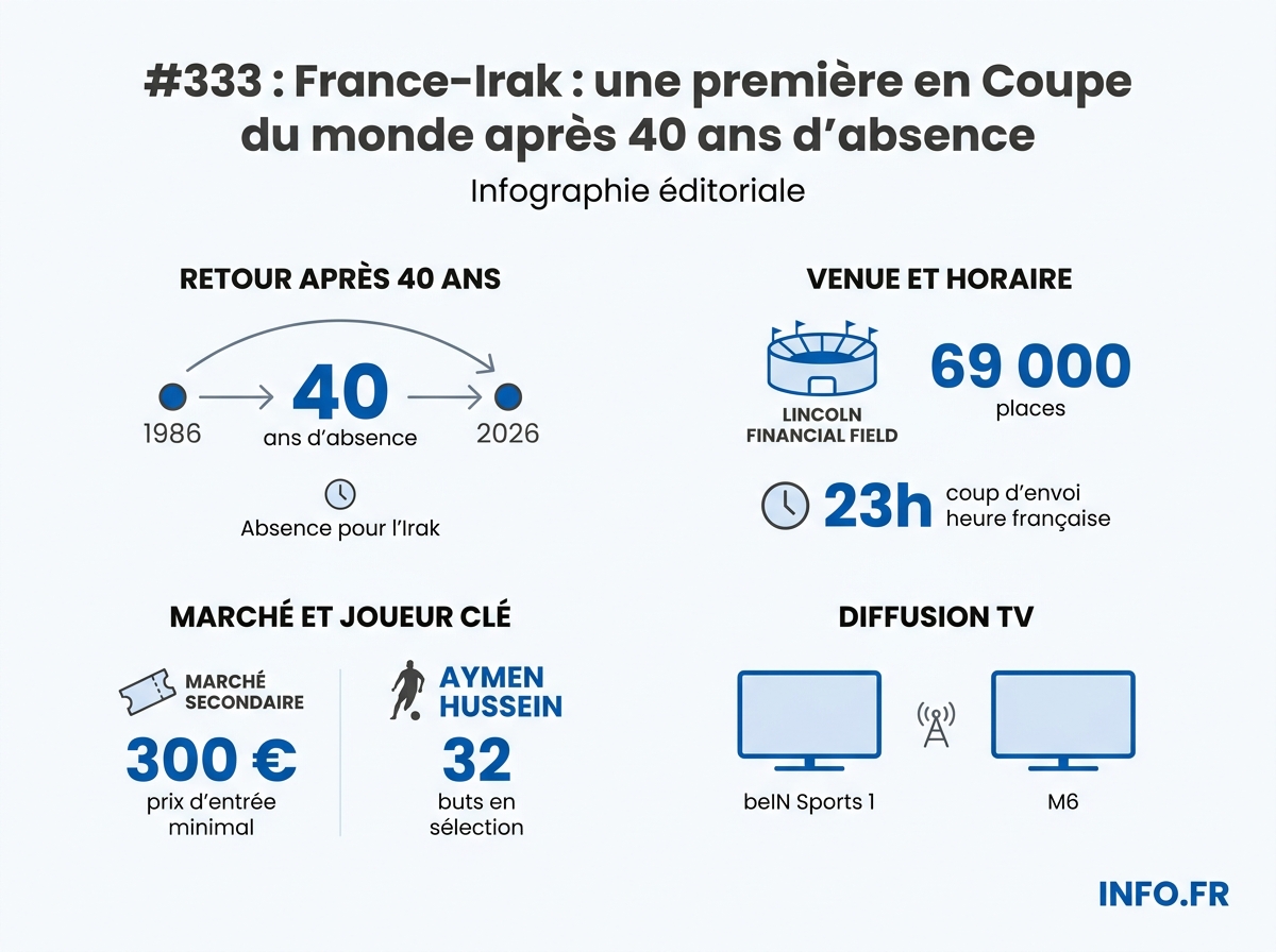 Données clés du match France - Irak du 22 juin 2026 à Philadelphie.