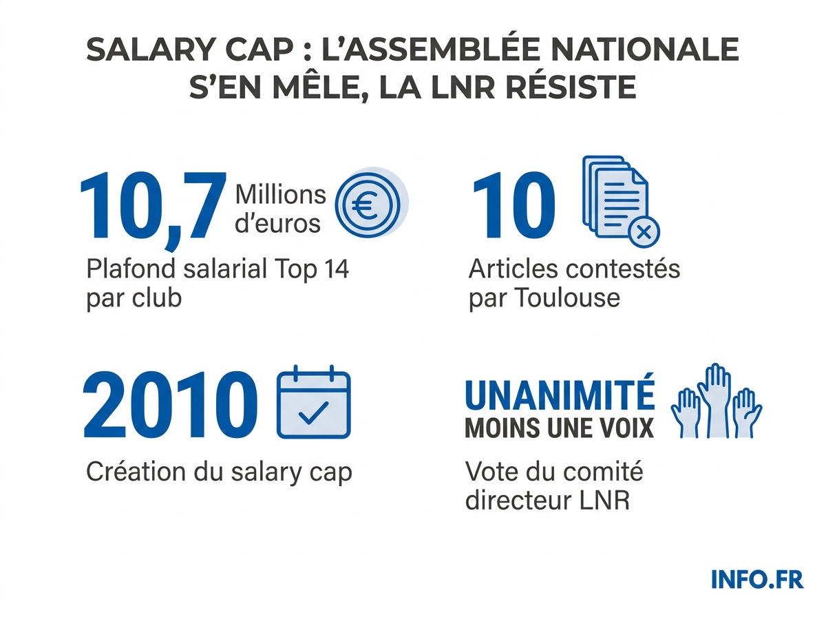 Les chiffres clés du salary cap du Top 14, de la procédure opposant le Stade Toulousain à la Ligue nationale de rugby et des revendications des joueurs.