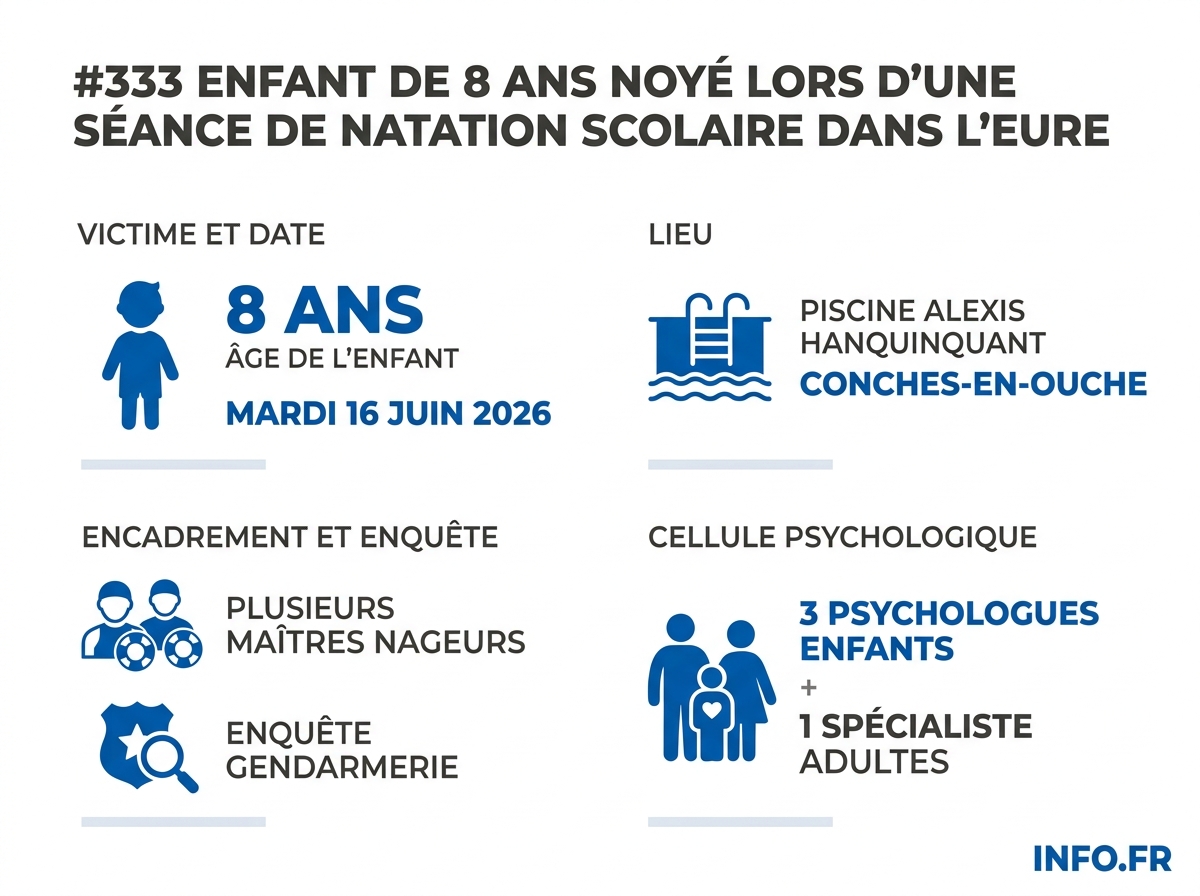 Carte localisant Conches-en-Ouche dans l'Eure avec les faits clés: date, âge, encadrement, enquête.