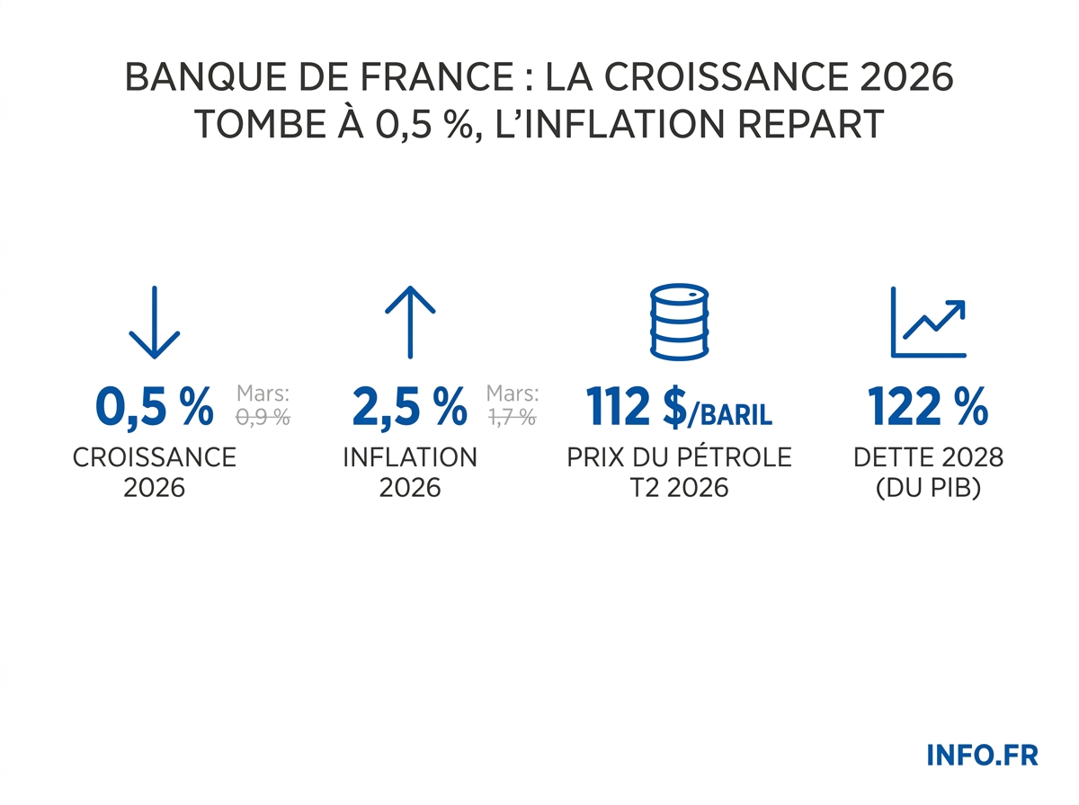 Graphique comparant les prévisions de croissance et d'inflation de la Banque de France entre mars et juin 2026, avec l'évolution du prix du pétrole.
