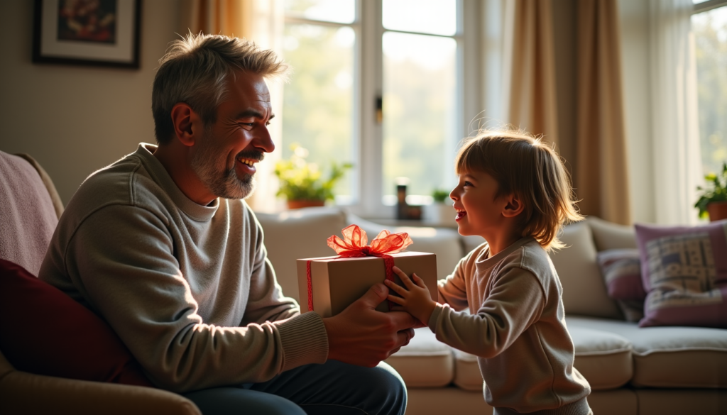Un enfant offre un cadeau à son papa pour la fête des pères