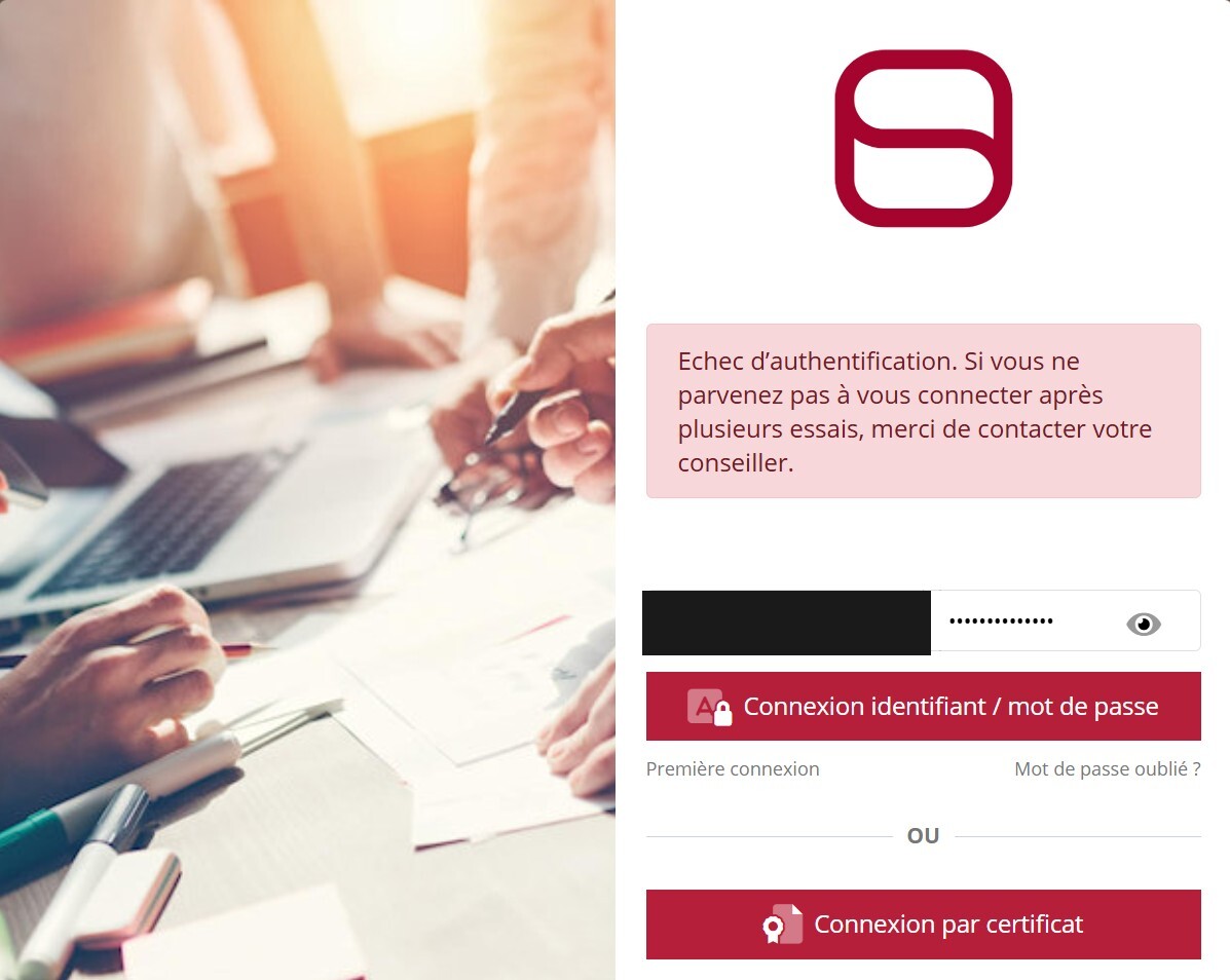 Écran de connexion Fiducial Banque, échec d'authentification