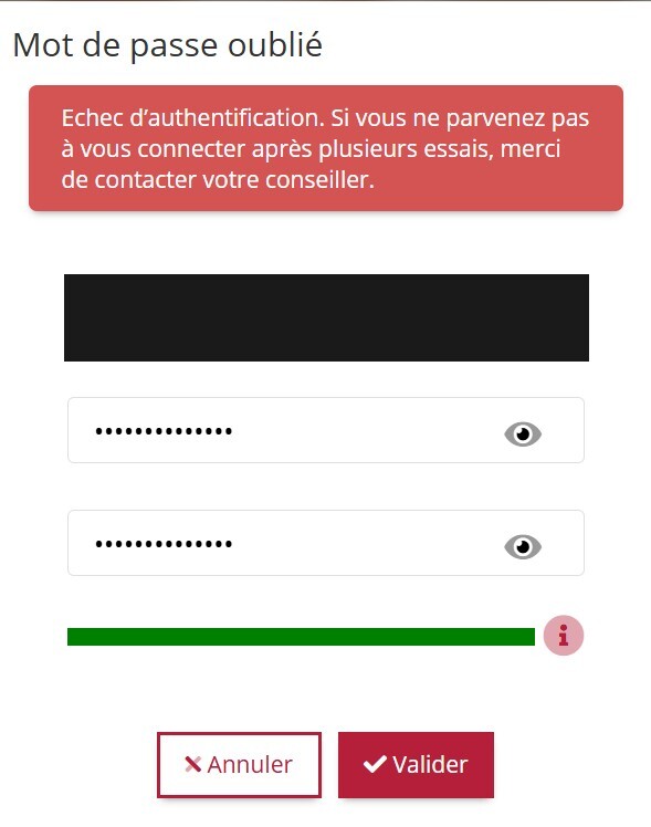 Écran de réinitialisation du mot de passe Fiducial Banque, même erreur