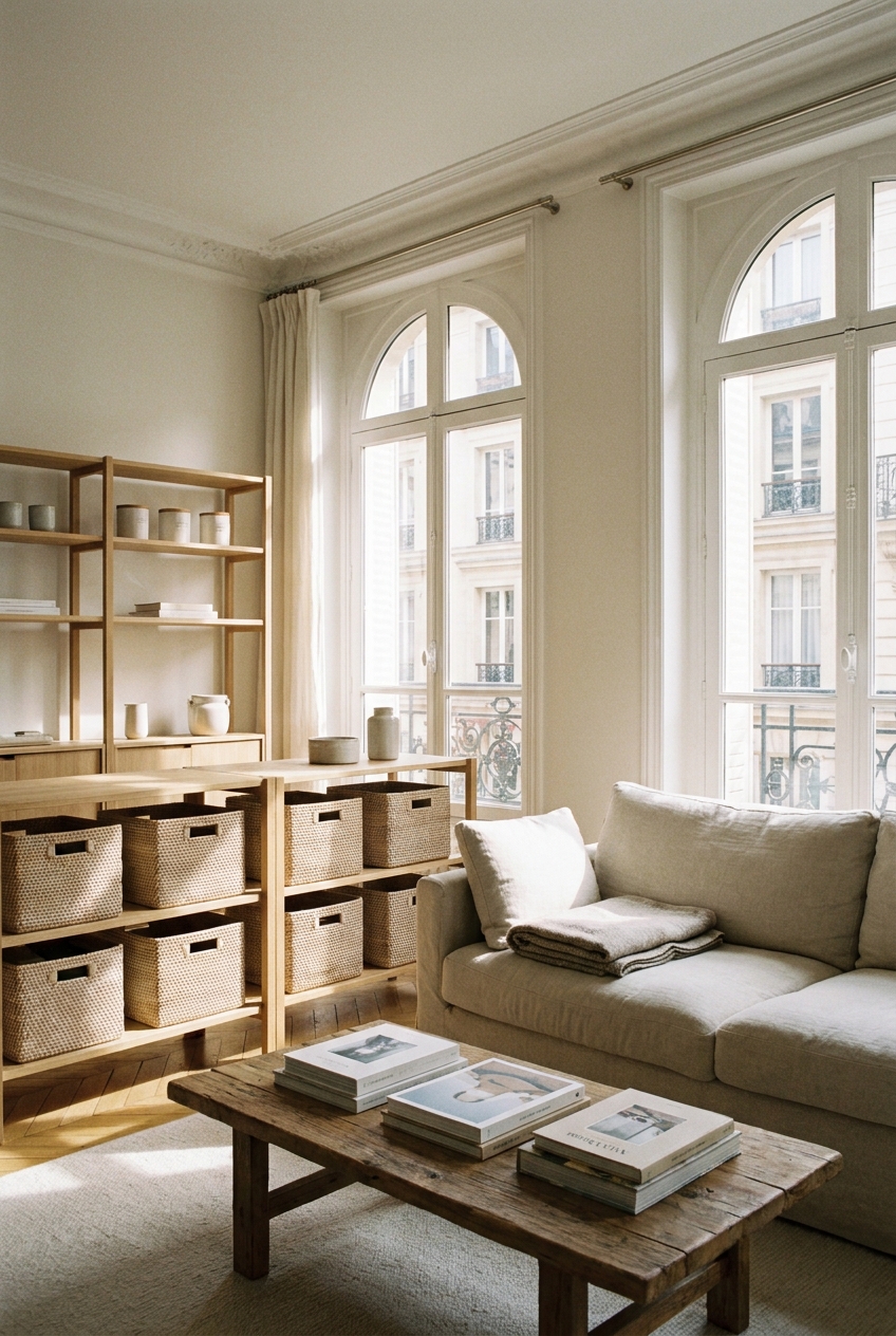 Salon lumineux avec rangements en osier dans un appartement francilien