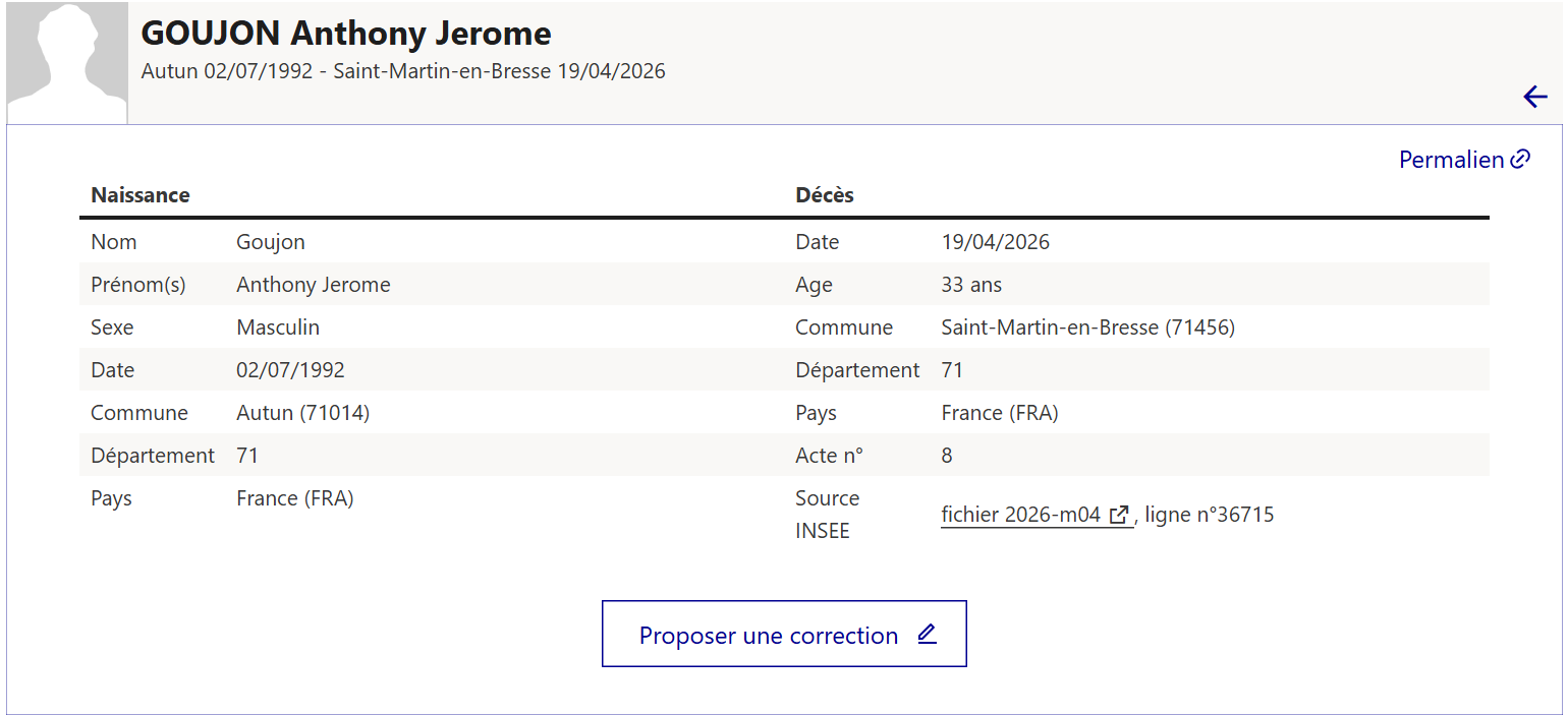 Fiche INSEE du décès d'un homonyme