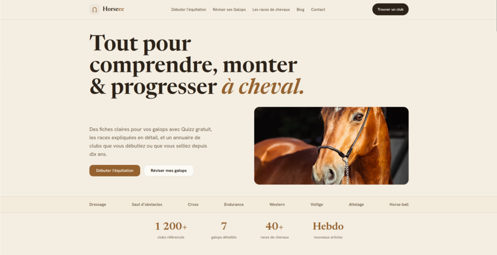 Page d'accueil de la plateforme d'équitation Horseee