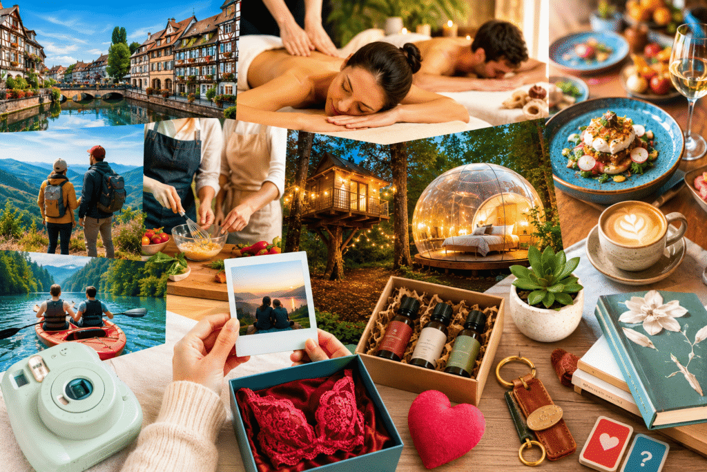Collage d'idées cadeaux pour un couple : escapade, massage, photo, livre