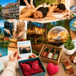 Collage d'idées cadeaux pour un couple : escapade, massage, photo, livre