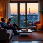 Famille regardant la télévision par internet dans un salon