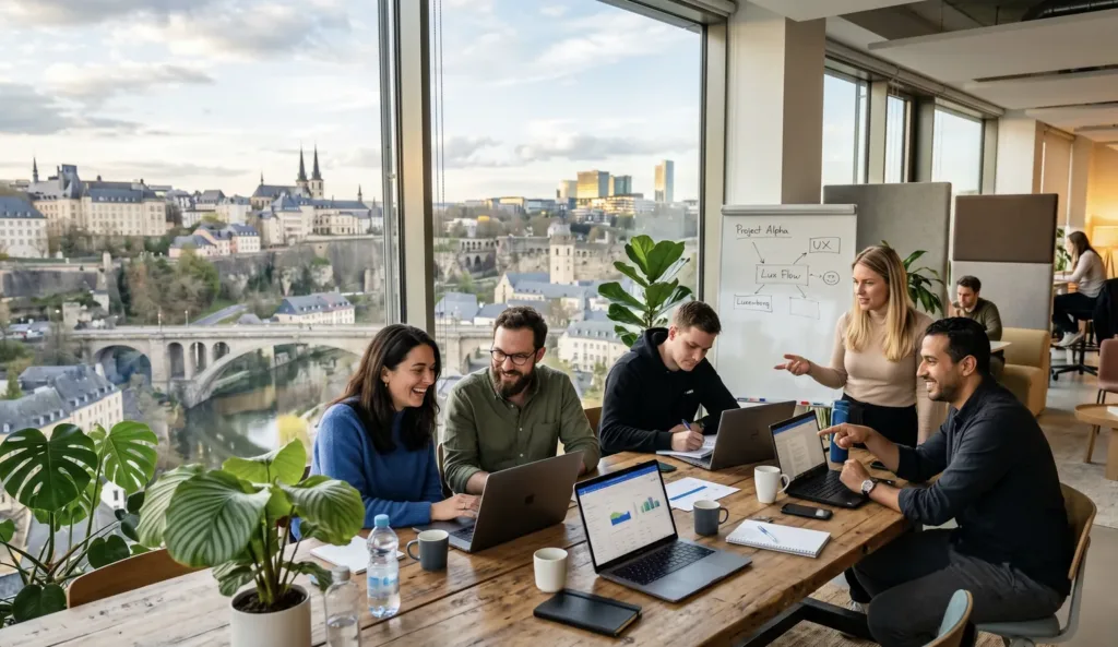 Equipe en reunion de travail avec la skyline de Luxembourg en arriere-plan