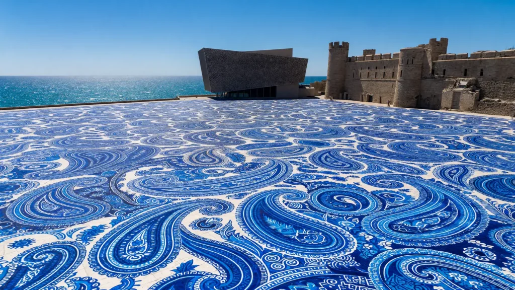Marseille : une fresque bleue éphémère sur le parvis du J4 entre Mucem et Cosquer