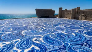 Marseille : une fresque bleue éphémère sur le parvis du J4 entre Mucem et Cosquer