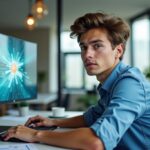 Createur travaillant sur un motion design devant un ecran affichant une animation graphique