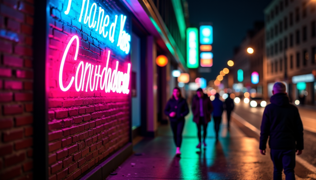 Néon LED personnalisé coloré sur un mur de brique dans une rue de nuit