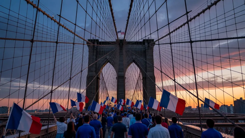 New York : les supporters français envahissent le Brooklyn Bridge avant France - Suède