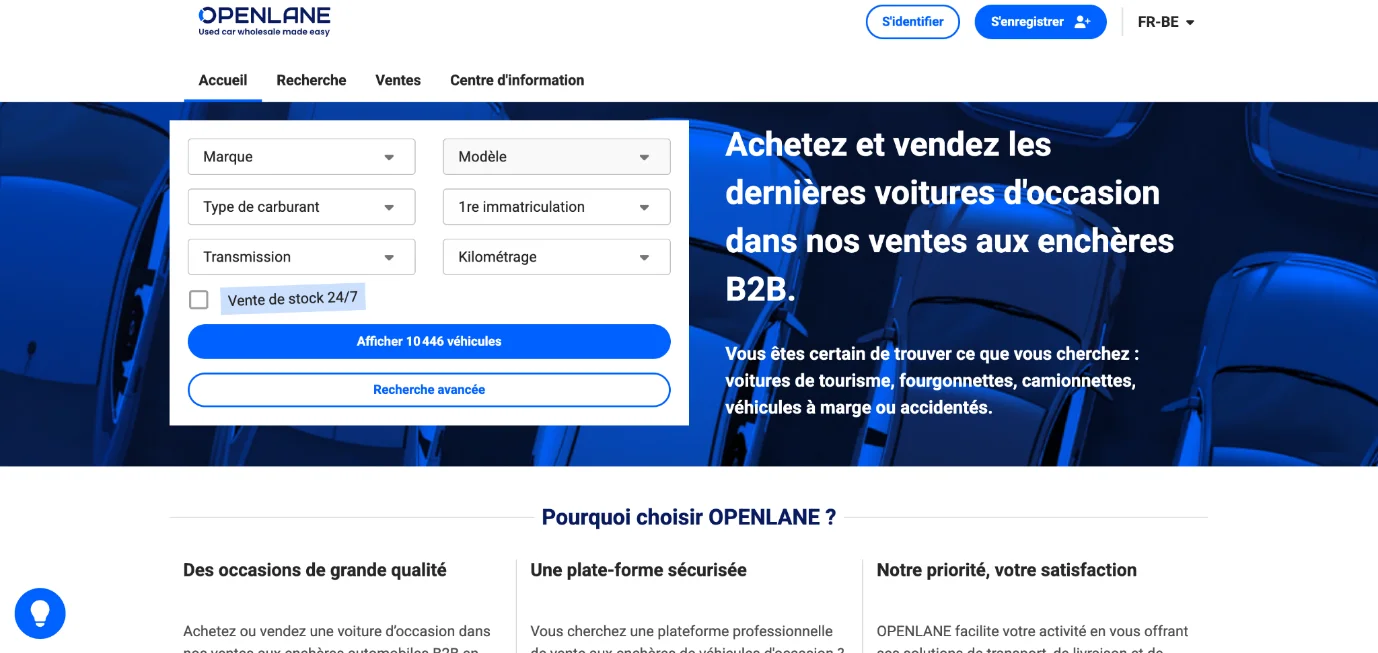 Interface de recherche de la marketplace B2B OPENLANE