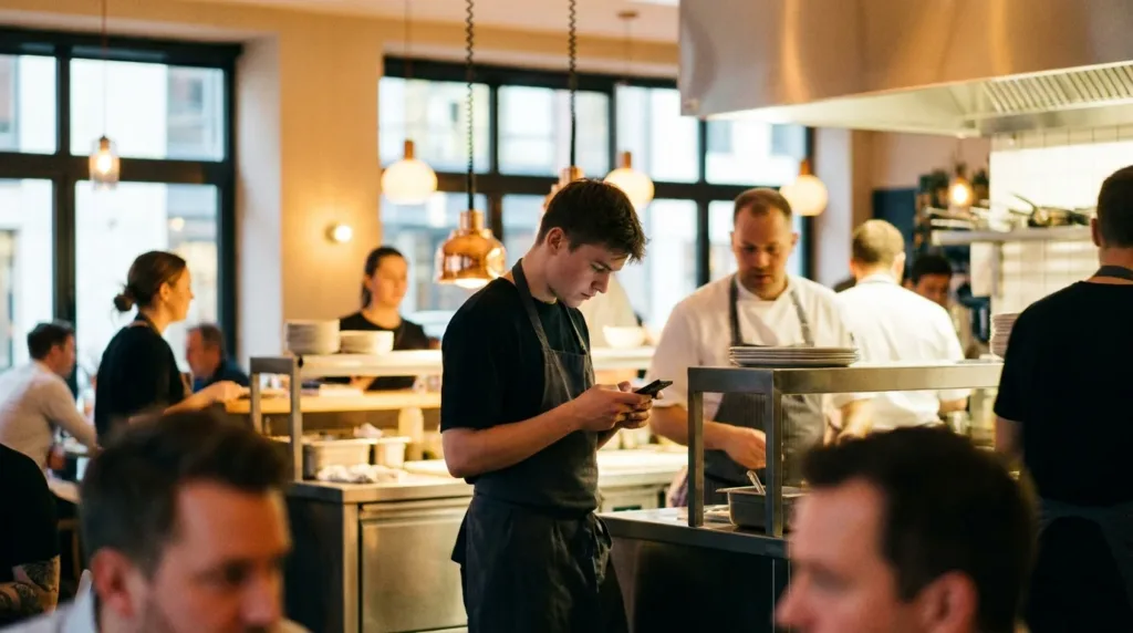 Serveur consultant une application dans un restaurant