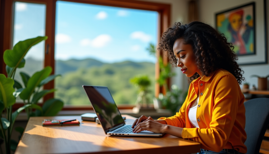 Professionnelle malgache en télétravail sur ordinateur portable