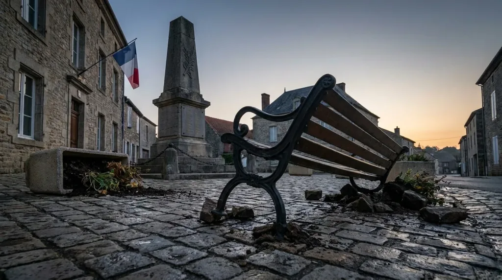 Vandalisme nocturne à Bort-les-Orgues : banc et pot de fleurs descellés près de la mairie