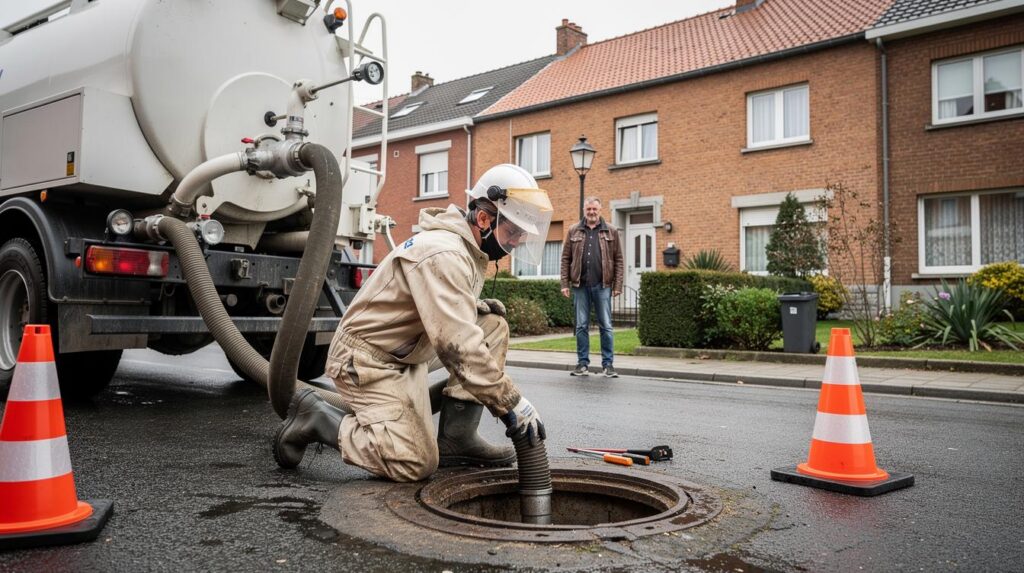 Technicien réalisant une vidange de fosse septique dans une rue de Charleroi