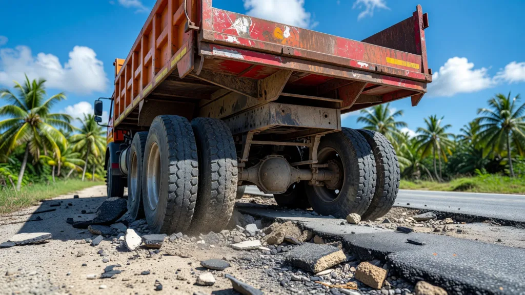 Abymes : un camion-benne piégé par l'affaissement de la chaussée à Lacroix