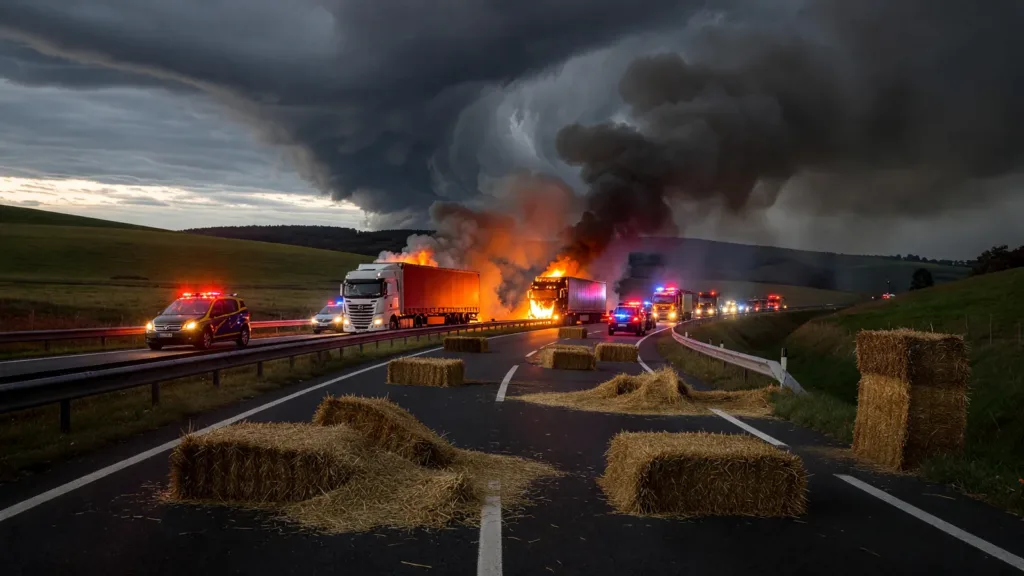 Cantal : deux camions de paille s'embrasent sur l'A75 près de Saint-Flour, la circulation fortement perturbée