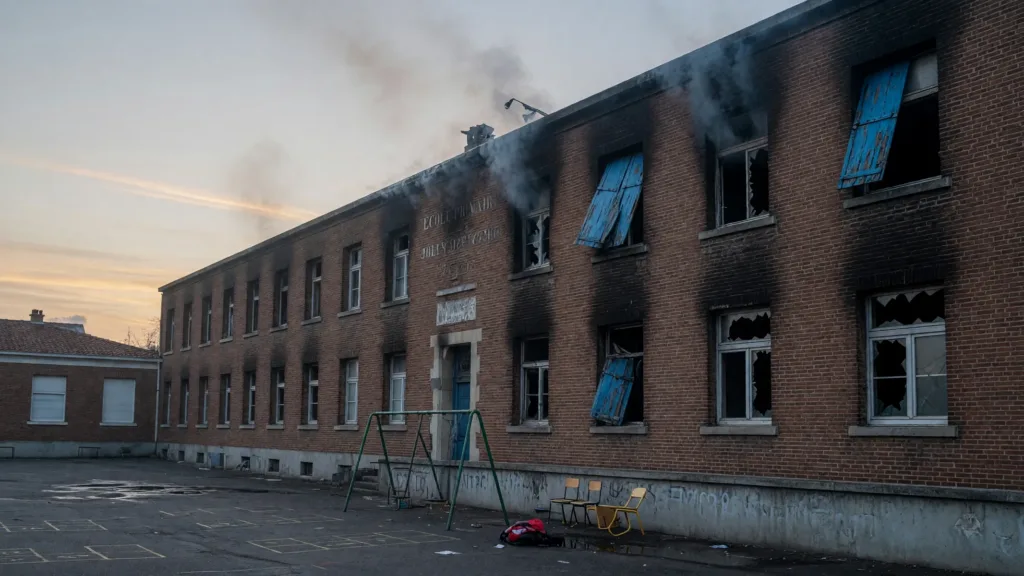 Chenôve : la façade d'une école incendiée, des CRS déployés