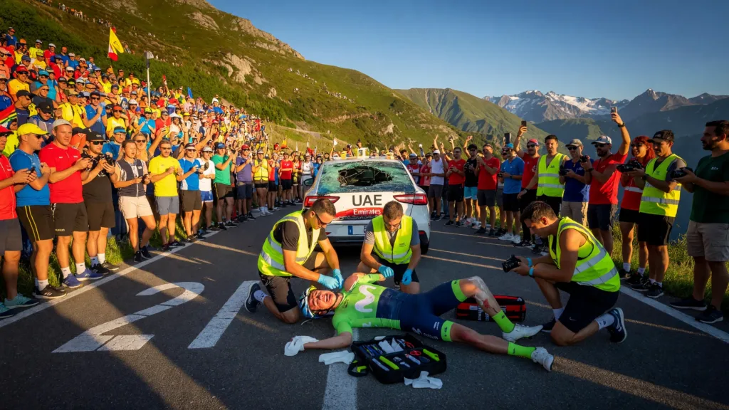 Einer Rubio percute une voiture UAE à l'Alpe d'Huez : 20 points de suture, abandon