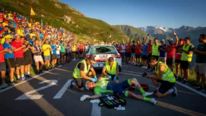 Einer Rubio percute une voiture UAE à l&rsquo;Alpe d&rsquo;Huez : 20 points de suture, abandon