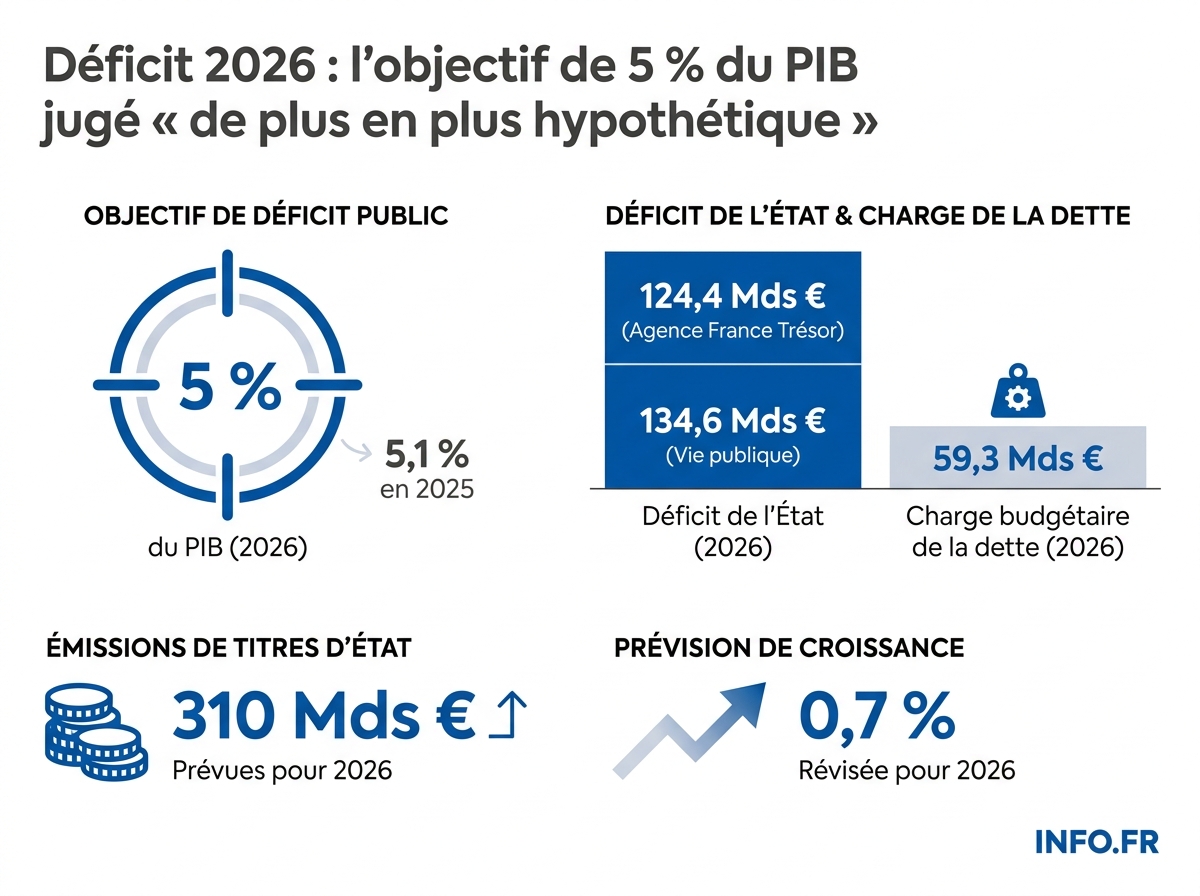 Les principaux chiffres du budget 2026 de la France: déficit public, déficit de l'État, charge de la dette et croissance prévue.