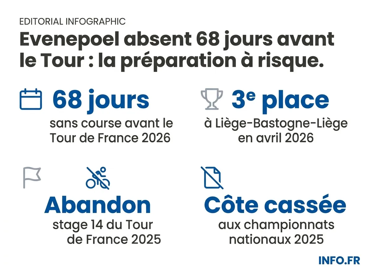 Chronologie des blessures et absences de Remco Evenepoel entre 2025 et 2026 avant le Tour de France.