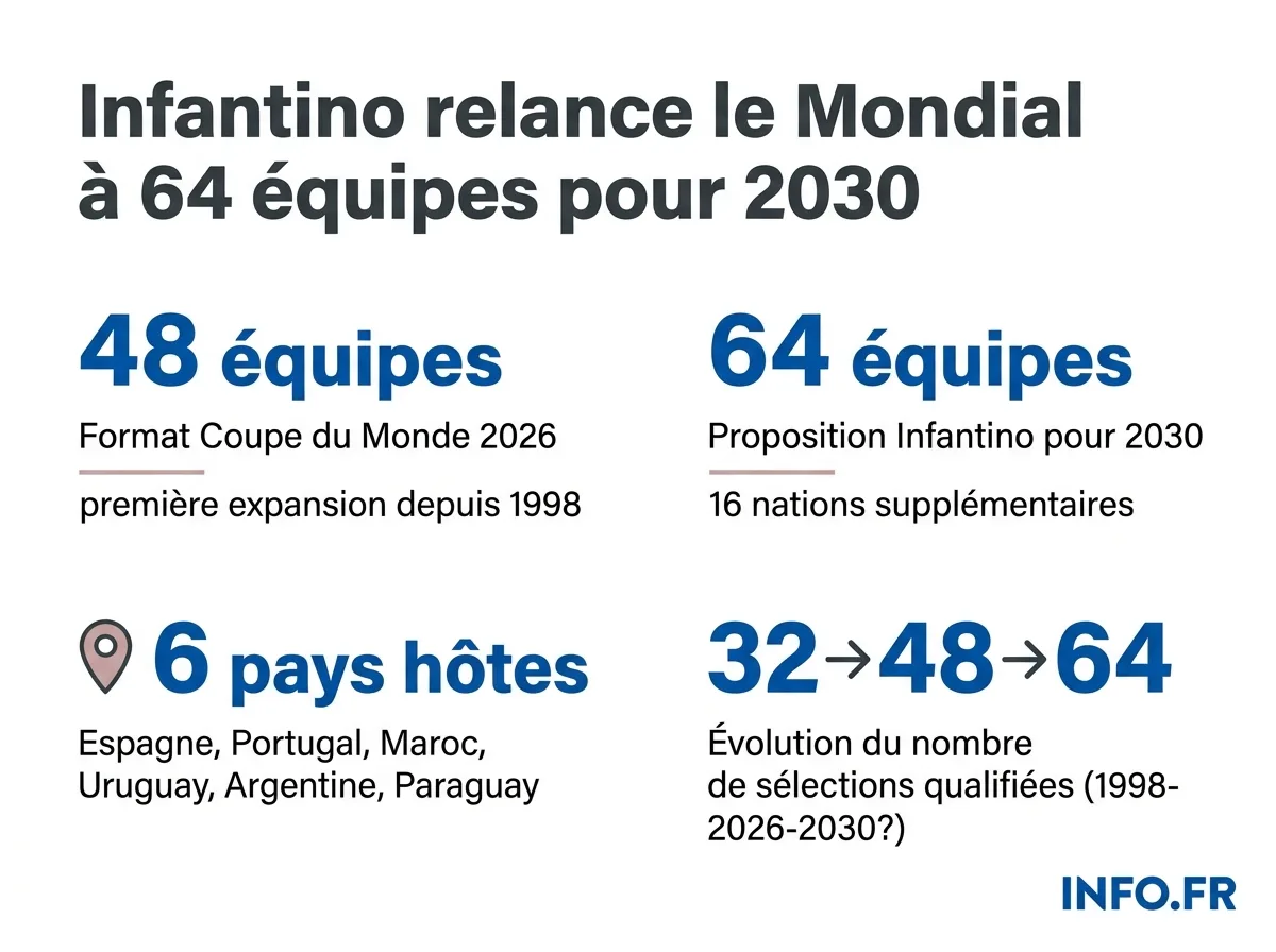 Évolution du format de la Coupe du Monde: de 32 équipes (1998-2022) à 48 en 2026, avec une proposition d'expansion à 64 pour 2030 portée par Infantino et la CONMEBOL.