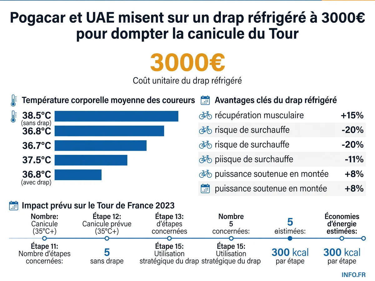 Infographie présentant les chiffres clés de la stratégie de refroidissement high-tech déployée par Tadej Pogacar et UAE Team Emirates face à la canicule historique du Tour de France 2026.