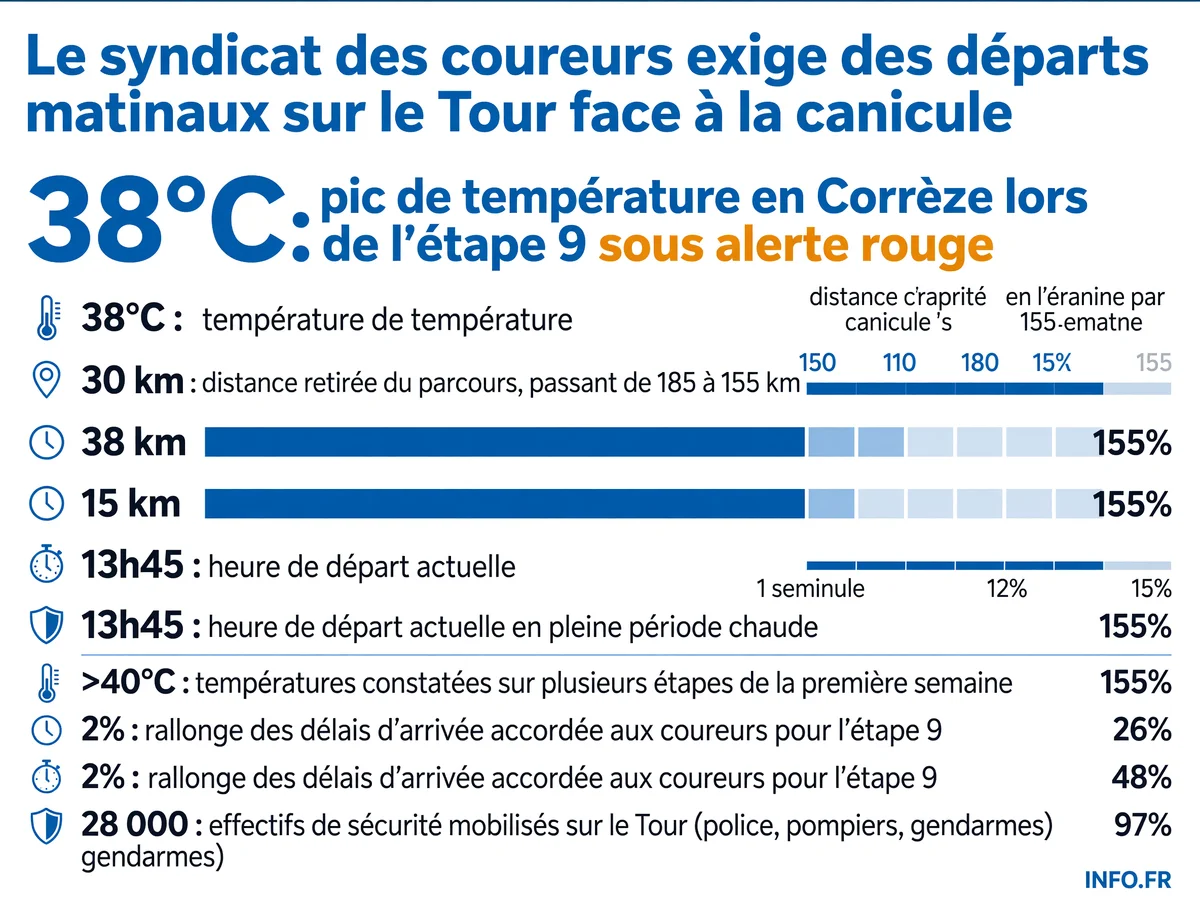 Infographie montrant les températures extrêmes du Tour de France 2026 et les mesures d'urgence prises par les organisateurs face à la canicule.