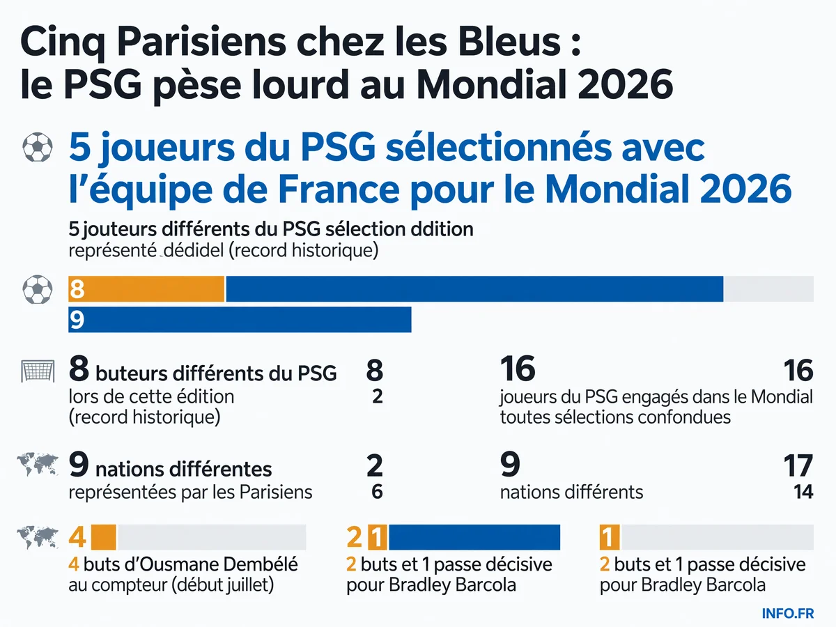 Infographie montrant les 5 joueurs du PSG sélectionnés en équipe de France et leur impact au Mondial 2026 avec statistiques de buts et passes.