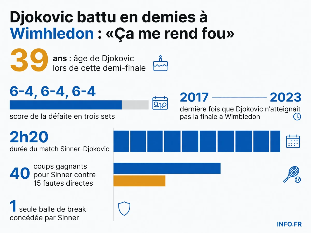 Statistiques de la demi-finale de Wimbledon 2026 entre Jannik Sinner et Novak Djokovic: score, durée, âge du Serbe et domination de l'Italien