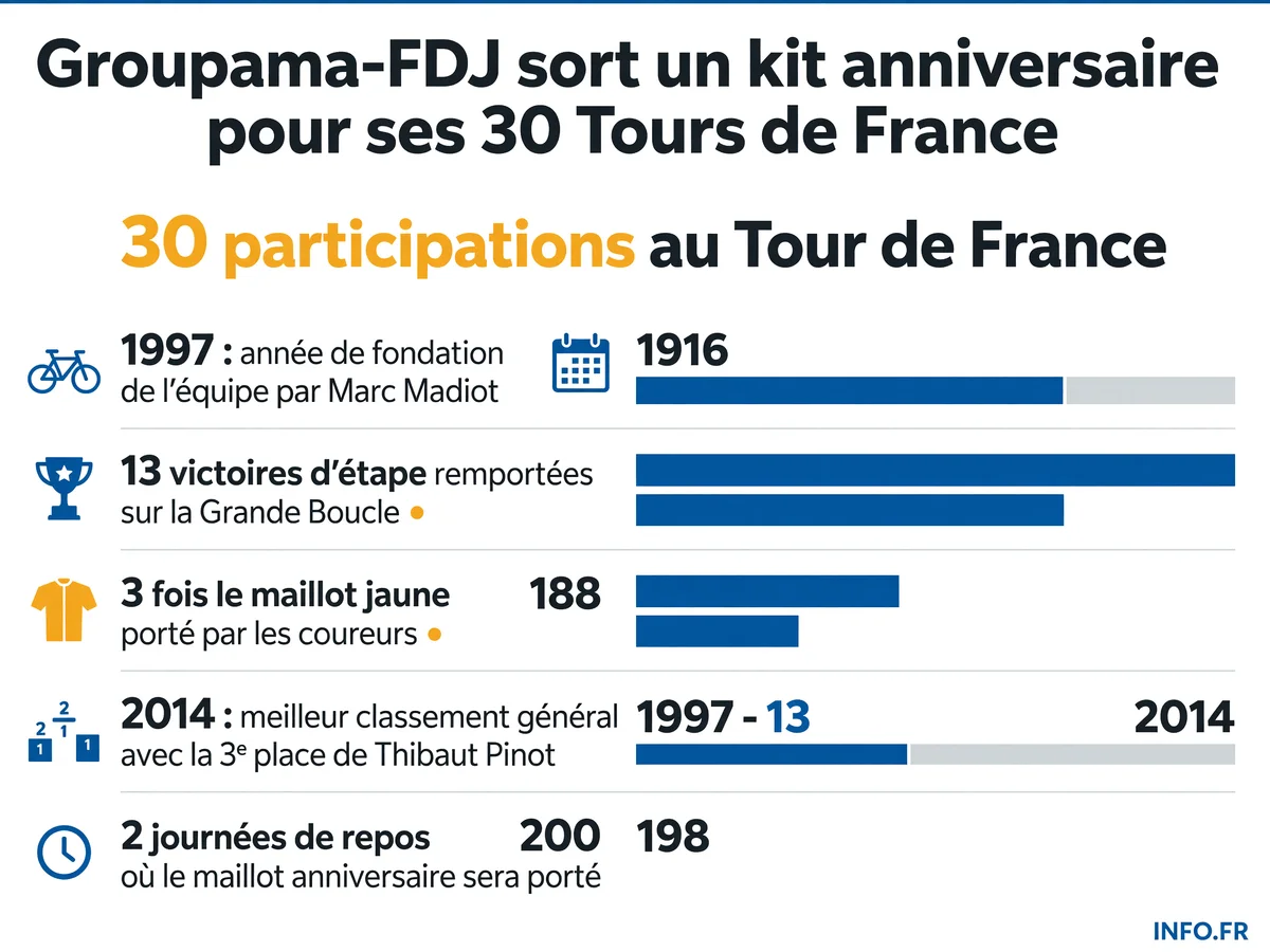Infographie récapitulant les 30 ans de présence de l'équipe cycliste Groupama-FDJ sur le Tour de France, du premier départ en 1997 aux chiffres clés du palmarès.