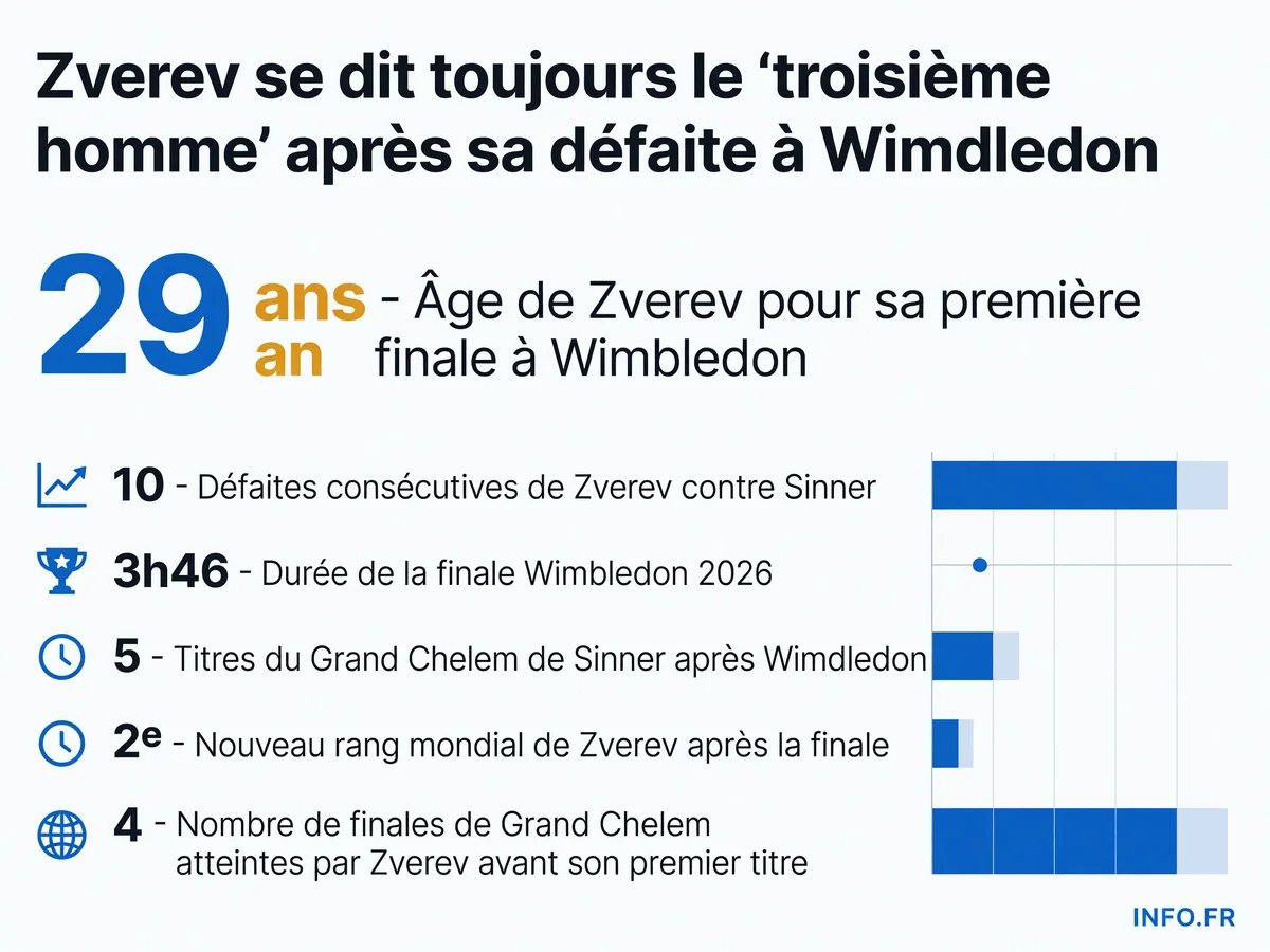 Statistiques de la finale de Wimbledon 2026 opposant Alexander Zverev à Jannik Sinner et évolution du classement ATP.