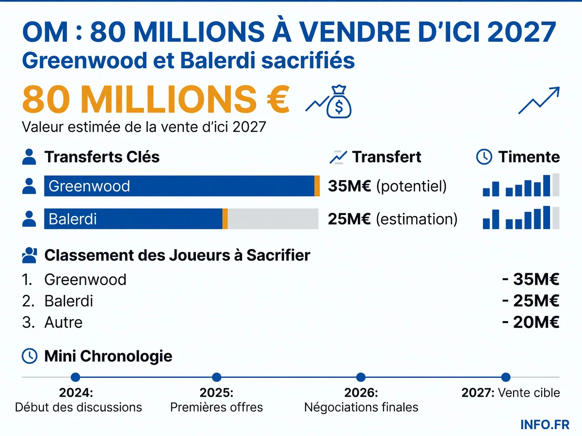 Les chiffres clés de la crise financière de l'OM: déficit record de 105 millions, objectif de ventes de 80 millions d'ici 2027, et réduction de 40 % de la masse salariale imposée par la DNCG.