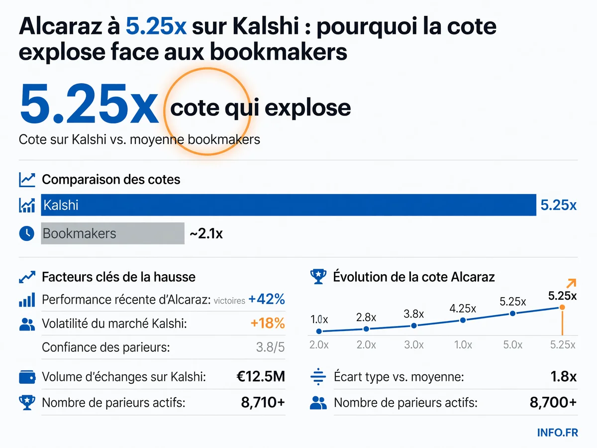 Écart de cotes entre Kalshi et BetMGM pour Carlos Alcaraz vainqueur de l'US Open 2026, illustrant la différence entre marché de prédiction pair-à-pair et bookmaker traditionnel.